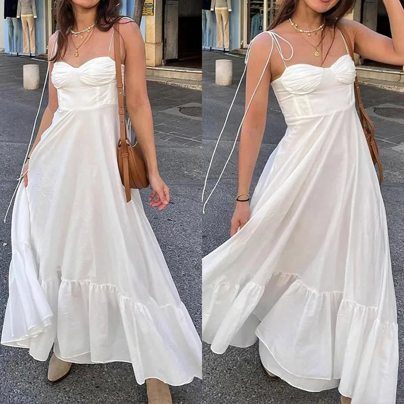 Women's White Party Dress Ruffle Spaghetti Strap Sleeveless Elastic High Waist Maxi Dresses Summer Sexy Evening Female Vestidos