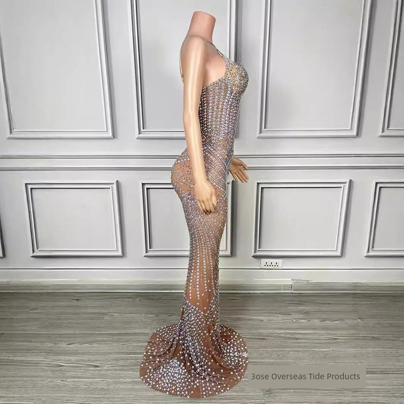 Halterneck Light Diamond Sexy See-through Birthday Party Dress Catwalk Show Fashion Women's Wear Music Festival Singer Costume