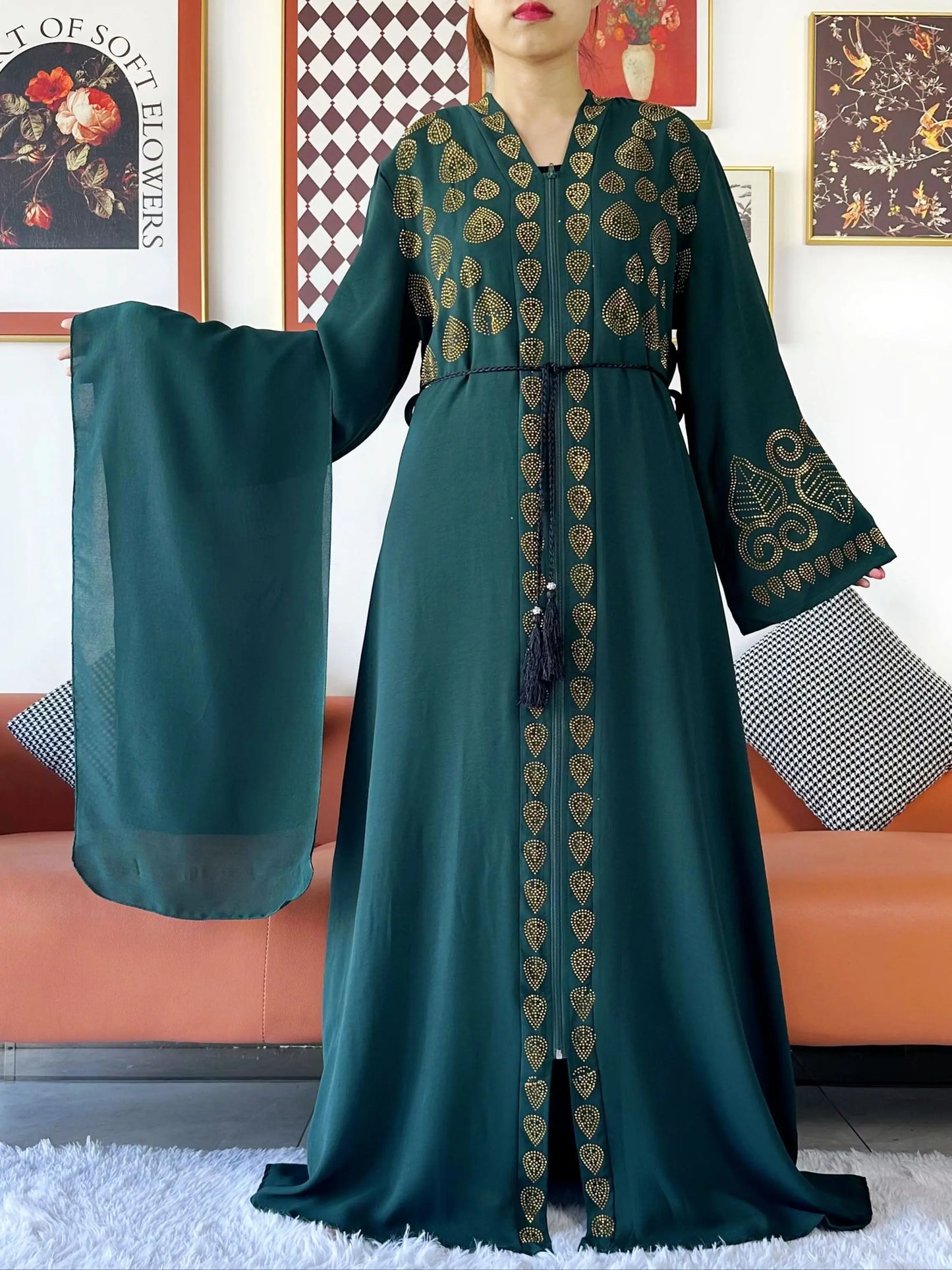 2024 Women Party Dress Chiffon Open Abaya Golden Stones Muslim Women Dress Islamic Clothing Cardigan Abaya Women Muslim Dress