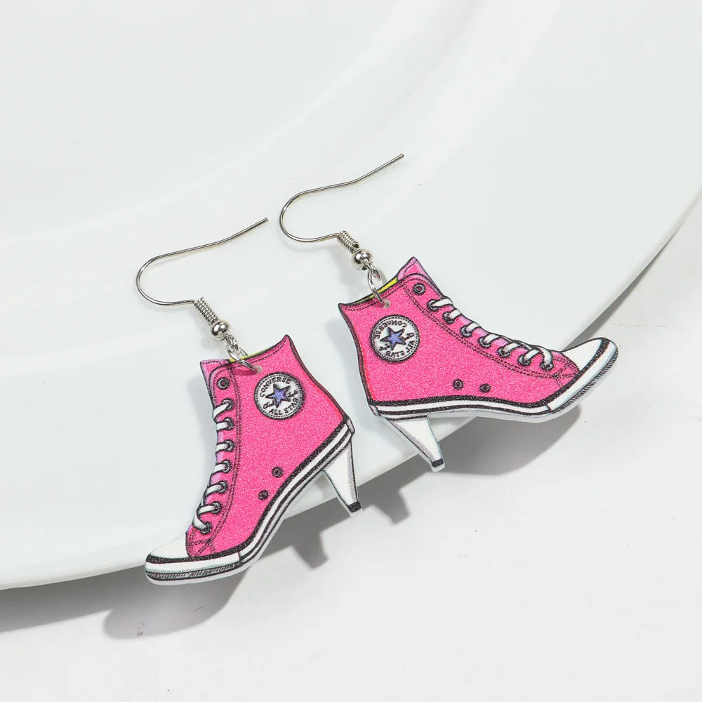 Cute Pink Phone Game Radio High Heels Ring Acrylic Print Earrings for Women Vintage Heart Bear Drop Earring Funny Jewelry