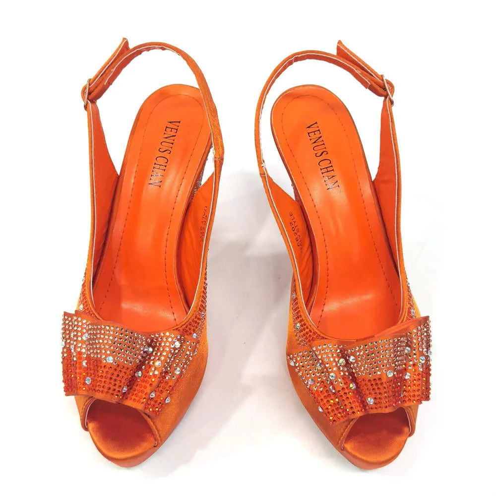 Big Sales Orange Color Peep Toe Comfortables Heels Slipper with Ctystal Bag For Nigerian Women Wedding Party Pump