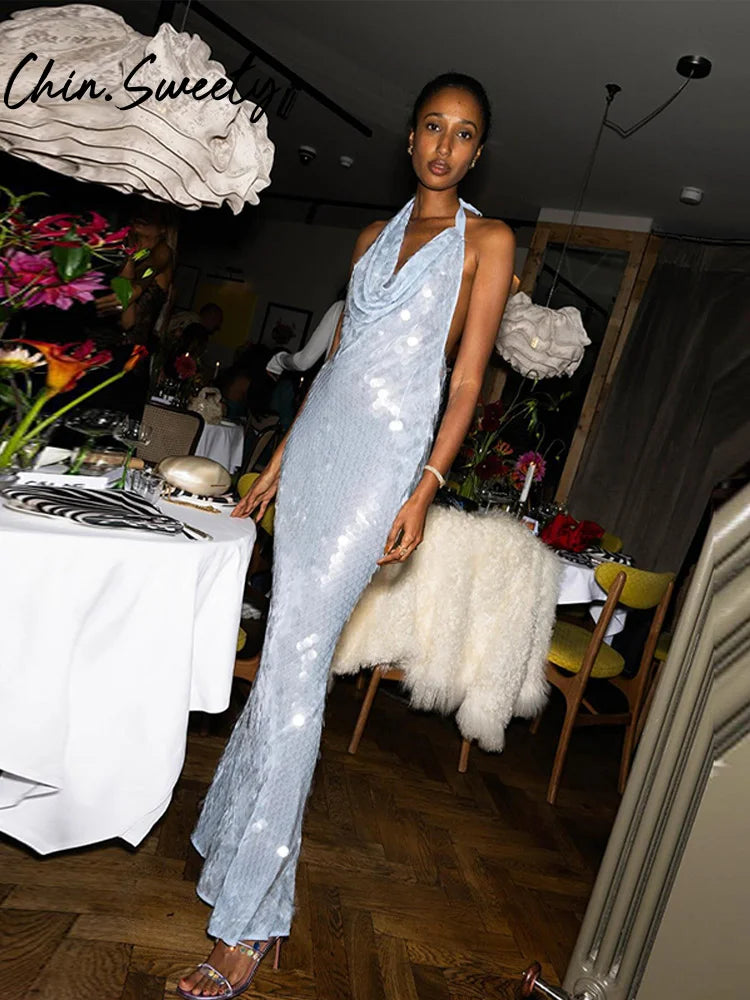 Euphoria Sequin Backless Party Dress Women Chic Sleeveless Lace Up Blue Female Evening Dresses 2025 Lady Bodycon Robe