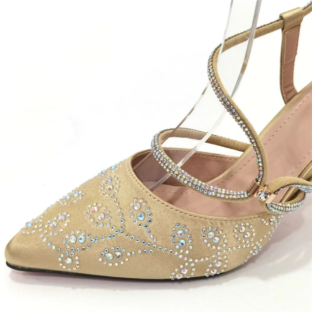 Sandals Italian Design Luxury Women's Pointed Shoes And Bag Set Full Diamond Decoration Metal Closure Shoes for Party