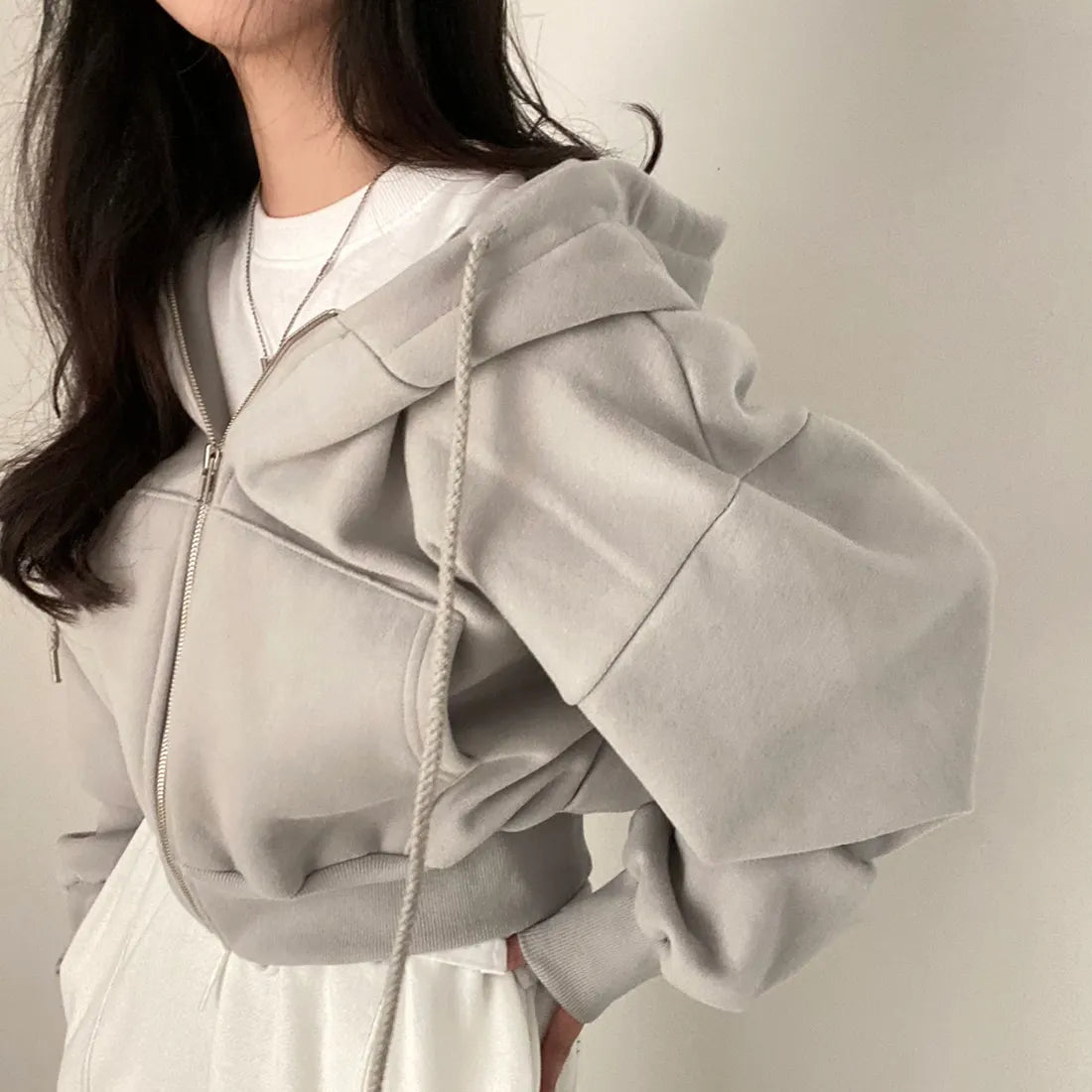 Casual Hood Sweatshirt Women Fall Zip Up Hoodies Solid Harajuku Long Sleeve Shirt Oversized Crop Tops Female Loose Jackets Coat