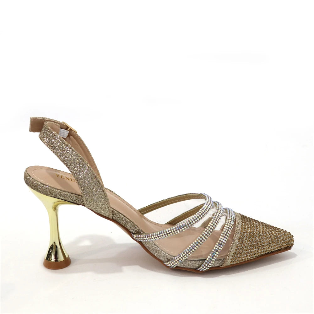 Gold Color Shoe and Purse Set Exquisite Mesh Mini Small Bag Elegant Design Lace High Heels Party Shoes and Bag