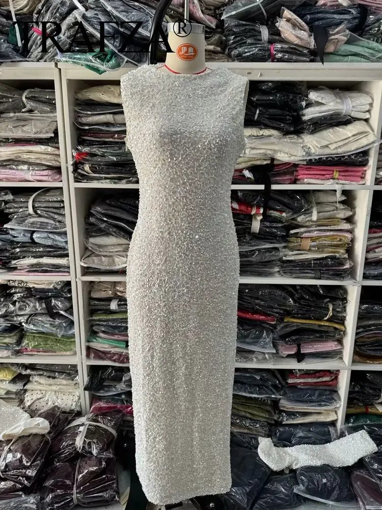 Autumn Party Dress Woman Trendy Solid O-Neck Long Sleeve Sequins Decorate Zipper Female High Street Long Dresses