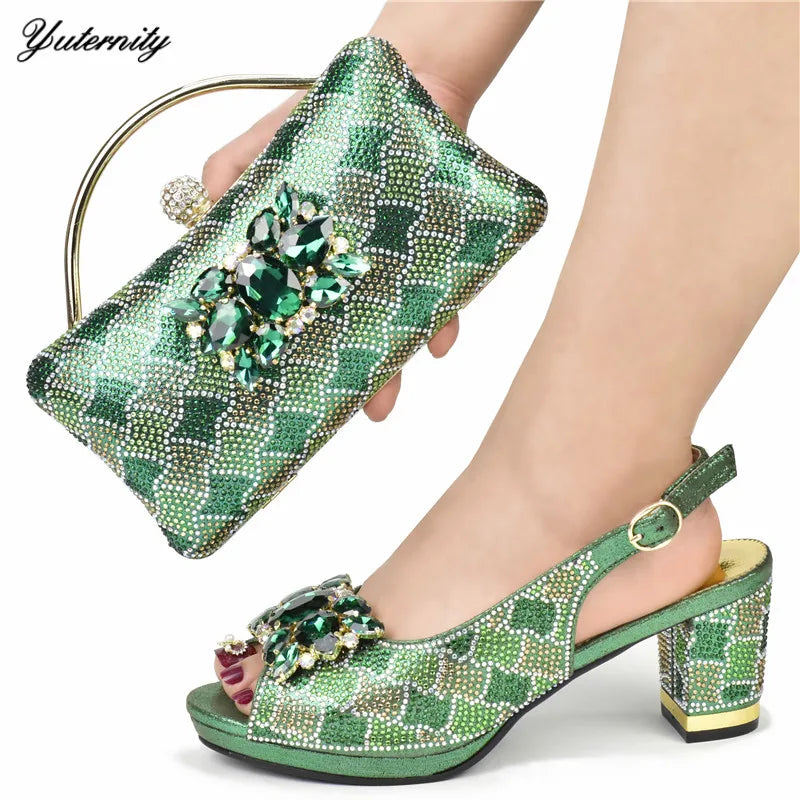 Fuchsia Color PU With Rhinestone Sandal Shoes And Purse Set Italian Design Pumps Shoes And Bag Set For Wedding 5Colors