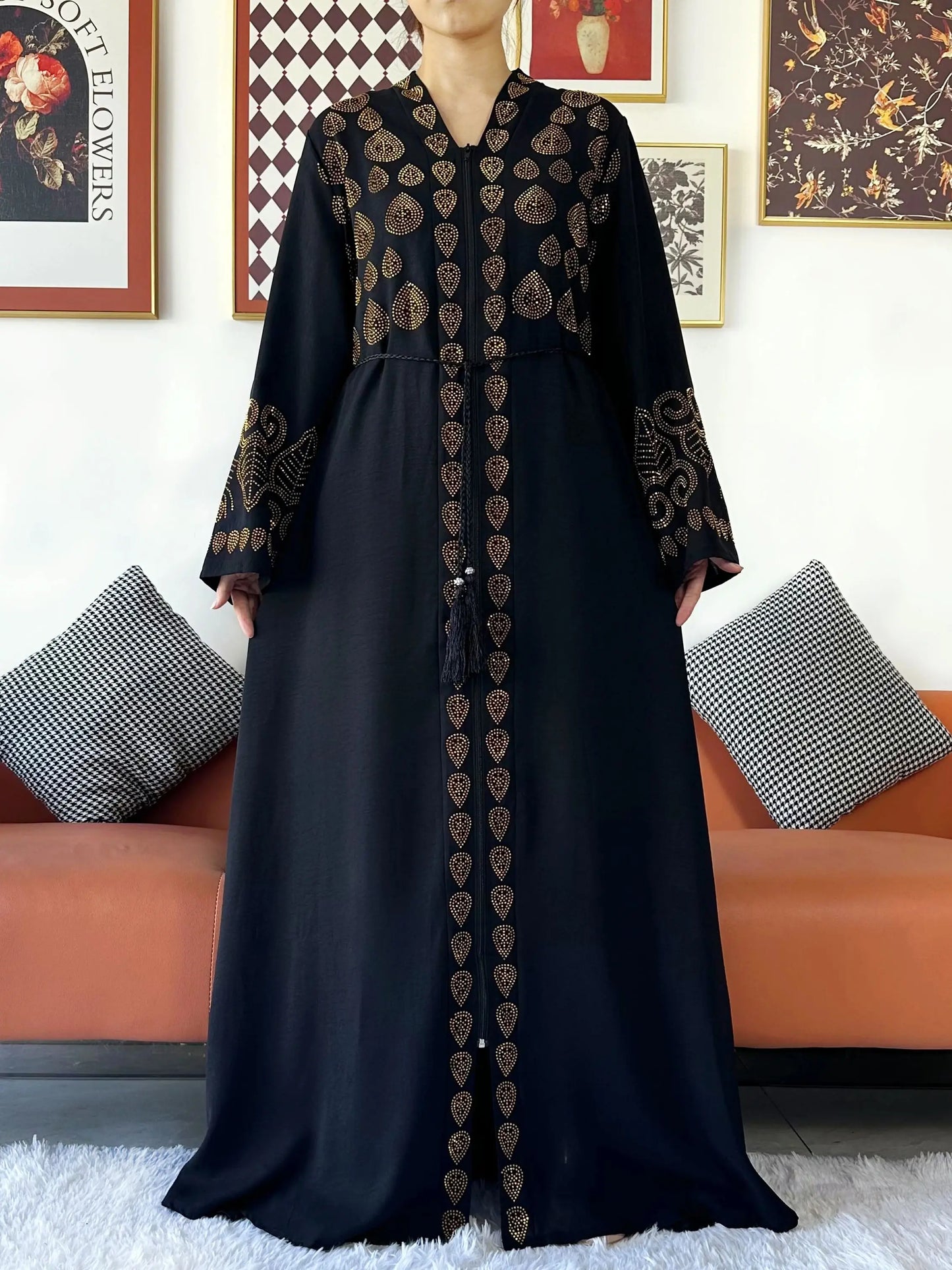2024 Women Party Dress Chiffon Open Abaya Golden Stones Muslim Women Dress Islamic Clothing Cardigan Abaya Women Muslim Dress