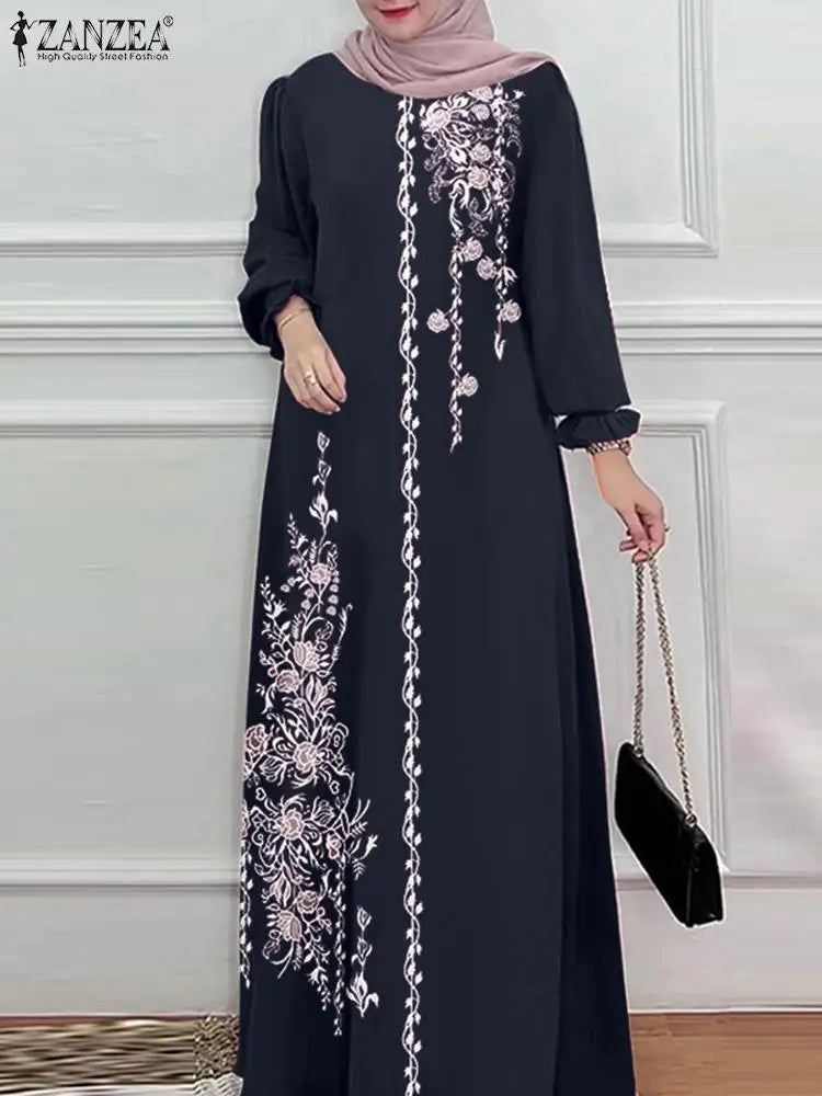 Long Sleeve Islamic Long Robes Abaya Women Muslim Fashion O Neck Casual Vestidos Loose Turkey Floral Printing Maxi Dress