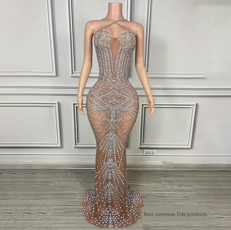 Halterneck Light Diamond Sexy See-through Birthday Party Dress Catwalk Show Fashion Women's Wear Music Festival Singer Costume