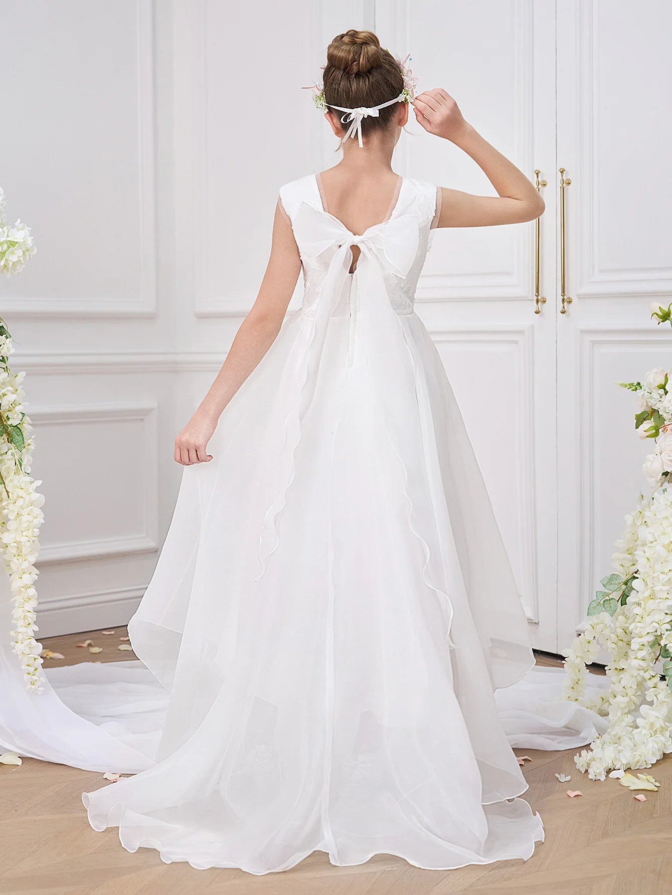 Fashion White Bridesmaids Party Girl Dress Elegant Flower Wedding Princess Prom Gown Kids First Communion Birthday Baptism Dress