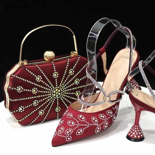 Italian Design Woman Wine Color Shoes And Bag Set African Style Elegant Pumps Shoes And Purse Set For Wedding Party