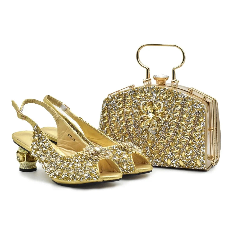New Fashion Womens Matching Shoe and Bags Set Decorated with Rhinestone Elegant Party Pumps with Purse Wedding Shoes Bride