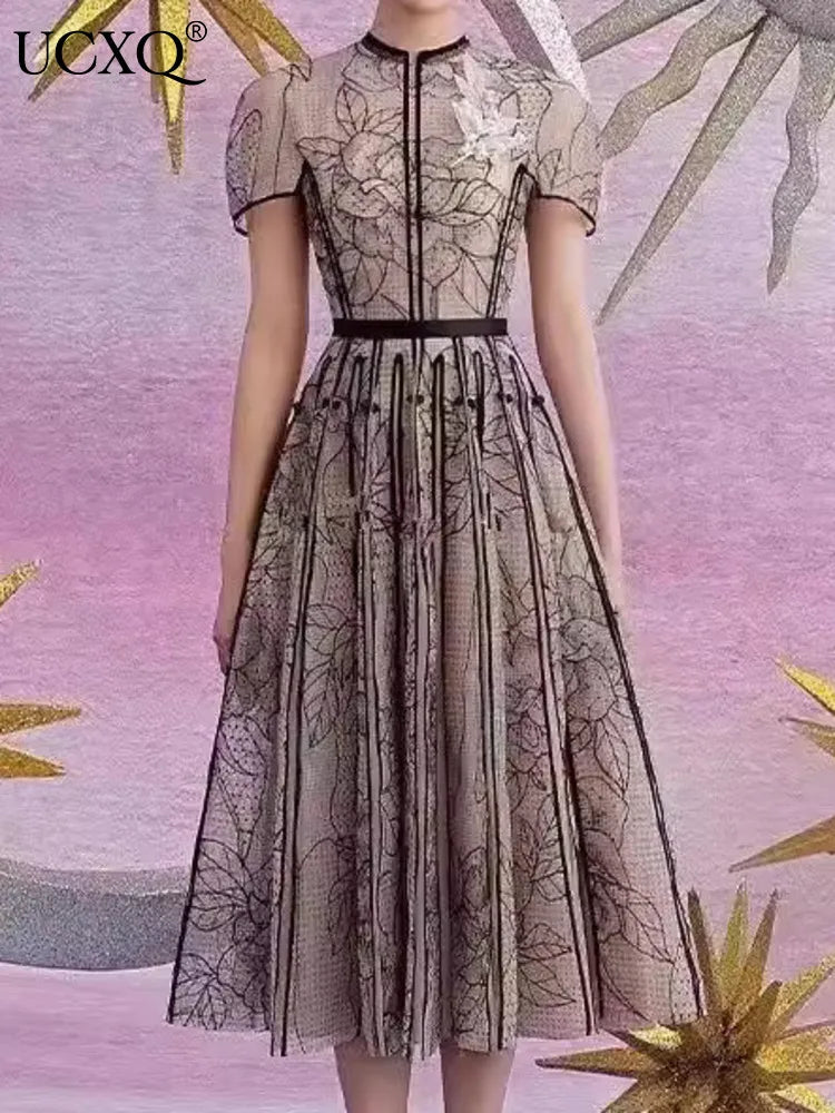 UCXQ Vintage Party Dress Fashion O Neck Short Sleeve Lace Mesh Embroidery Elegant Long Dresses For Women 2025 Spring Summer 8980