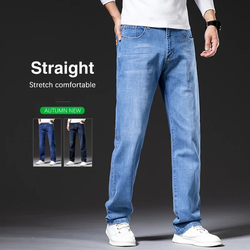 Classic Loose Straight Men's Jeans 2025 Autumn New Business Casual Stretch Cotton Denim Pants Plus Size Trousers 42 44 46