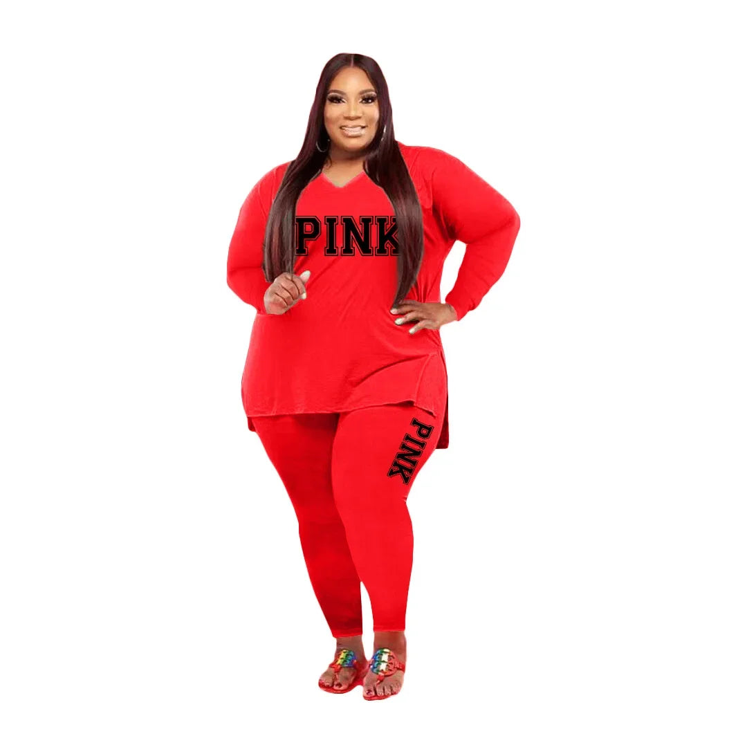 XL-5XL Fall 2025 Plus size Women Clothing Two Piece Set Fashion Long Sleeve V Neck top And Pants Print 2 Piece Suit Outfit
