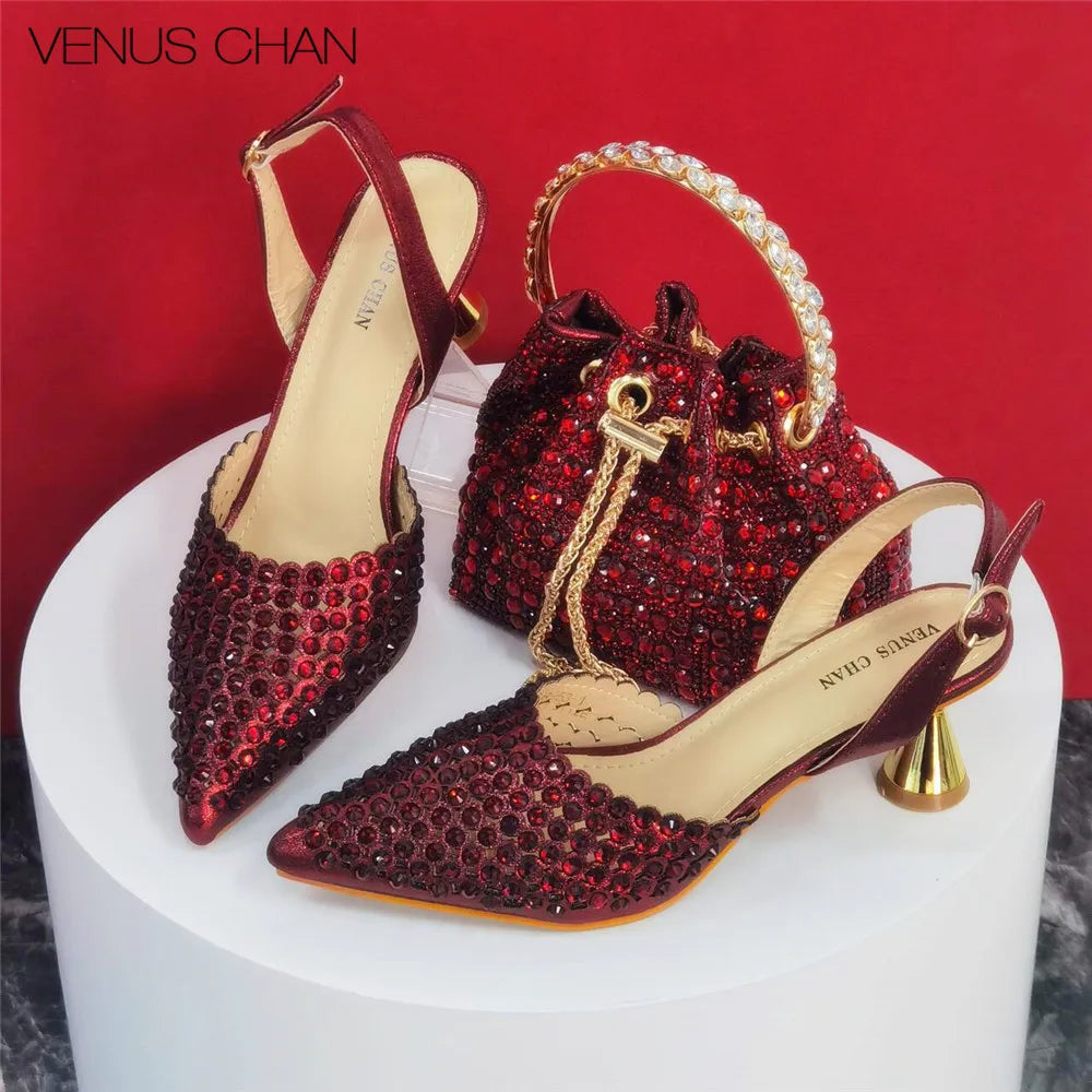 Sandals High Heels for Lady 2025 Luxury Designer Green Color Full Diamond Pointed Toe Wedding Shoe and Bag Set for Party