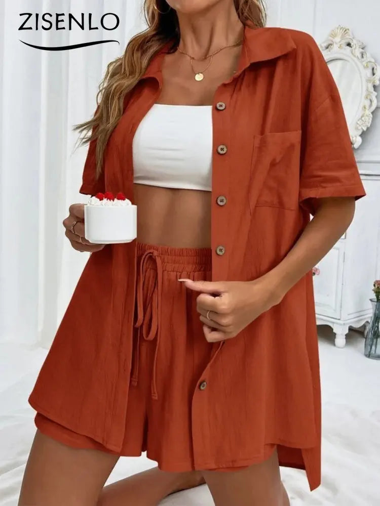 Women's Suit Summer Fashion Solid Color Short Sleeved Single Breasted Shirt & Shorts Set Cheap Elegant Loose Short Pant Sets
