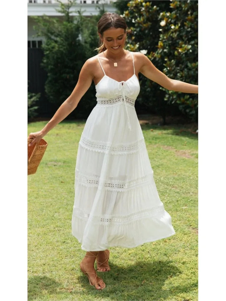 Summer New Women Boho Dress Fashion Spaghetti Strap White Beach Party Dress Robe Femme 2025 Elgeant Casual Female Vestidos