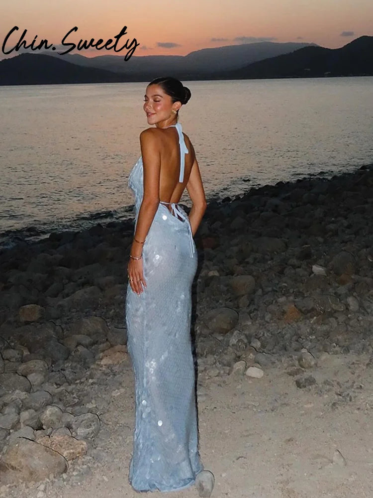 Euphoria Sequin Backless Party Dress Women Chic Sleeveless Lace Up Blue Female Evening Dresses 2025 Lady Bodycon Robe