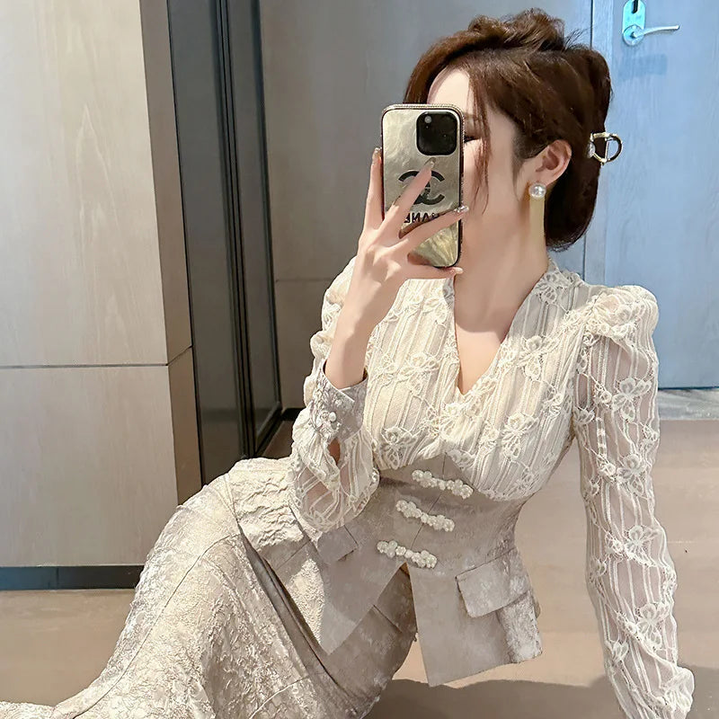 Elegant Fashion Skirt Sets 2025 Autumn New V-neck Ruffle Edge Bubble Sleeve Lace Top High Waist Skirt Two-piece Sets Women