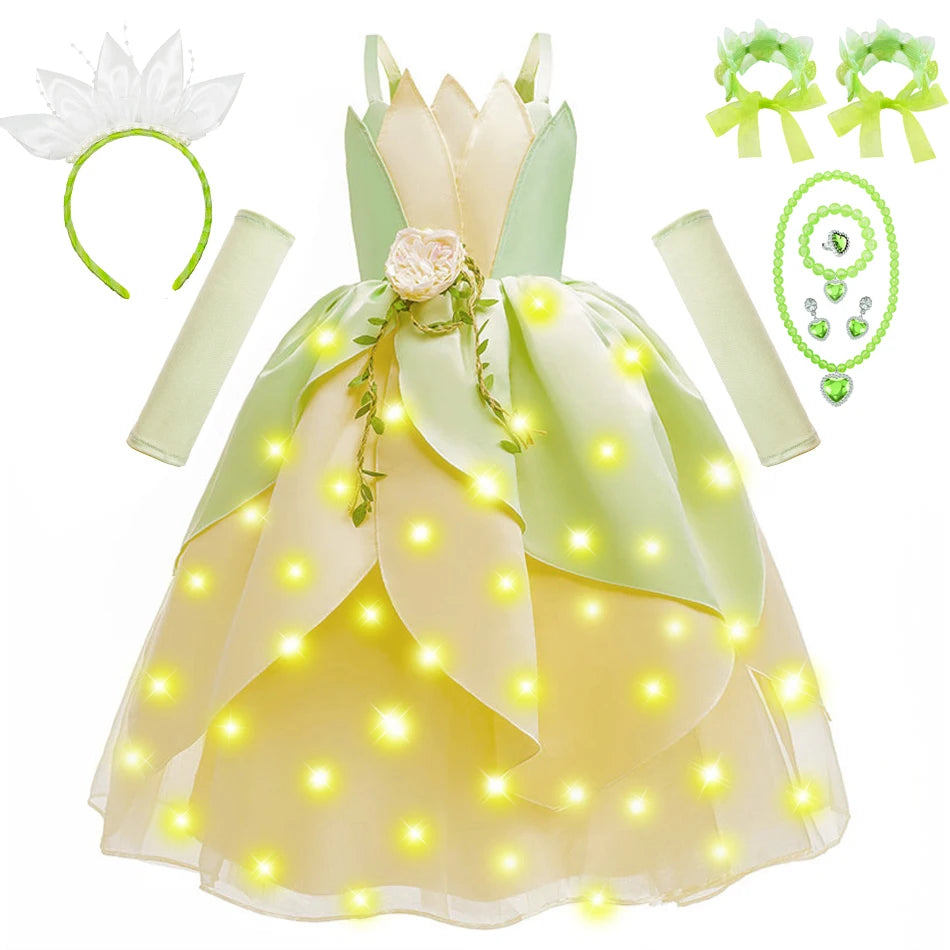 Fancy Girl Princess Tiana Costume Dress The Frog Cosplay Floral LED Light Up Clothing Halloween Girl Kids Christmas Party 2-11T