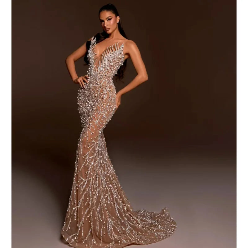 Haute couture Wedding　Party　dress　Sequin embroidery Pearl Beading Sexy V－Neck　Strapless Dress  Celebrity Birthday Party Outfit