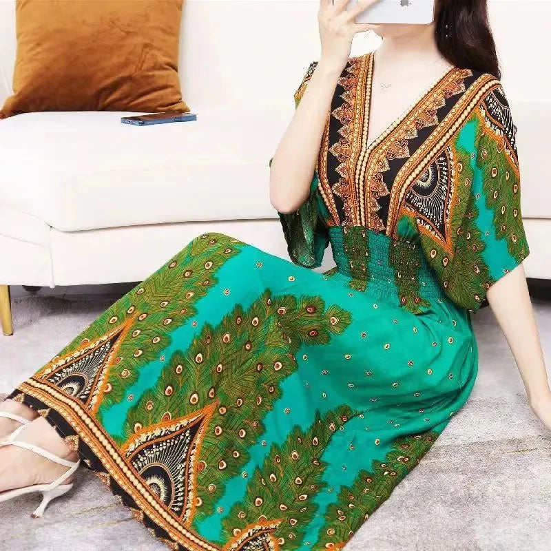 Bohemian Dress New Midi Dress Striped Colorful Flower V-Neck Party Dress Elastic Waist Large Swing Skirt Youthful Woman Clothes