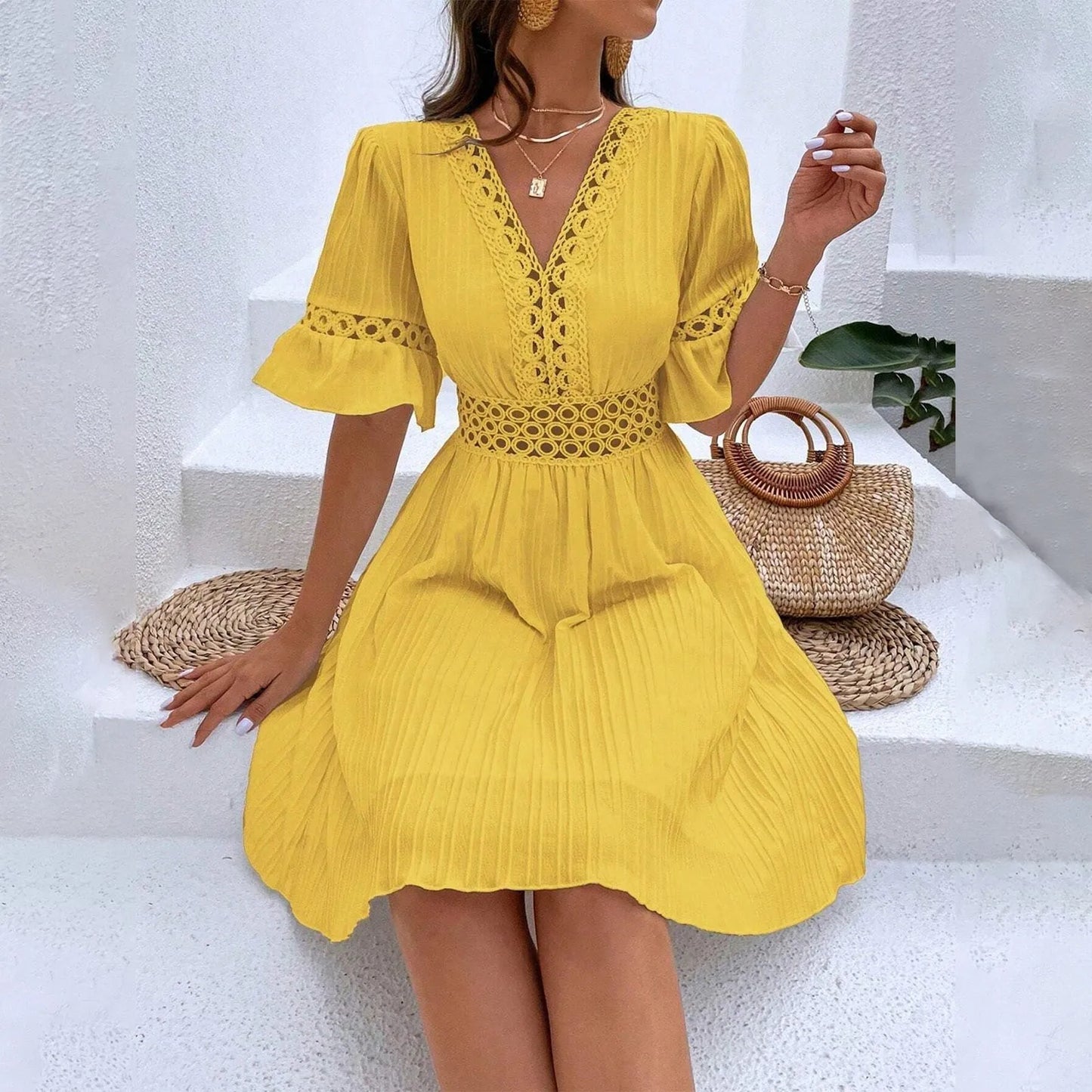 Women Sexy V Neck Flying sleeve Mini Dress Summer Hollow Embroidery Lace Patchwork Party Dress Casual Loose Beach A-Line Dress