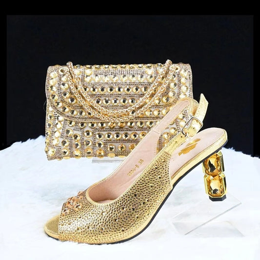 Gold Women Shoes And Bag Set Luxury African Ladies Summer Stones Sandals Match With Handbag Clutch Purse Femmes Sandales GL46