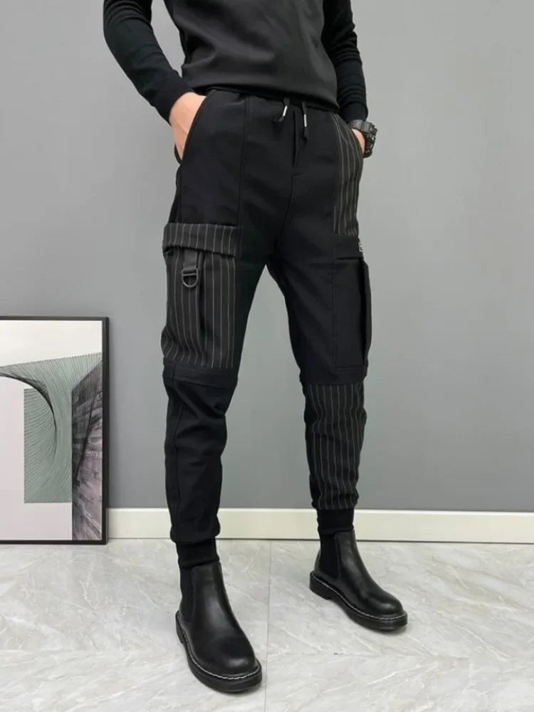 Black Men's Harem Cargo Pants Splicing Autumn Winter Stripe Male Pencil Trousers Spandex Casual Cotton Korean Style Y2k Vintage
