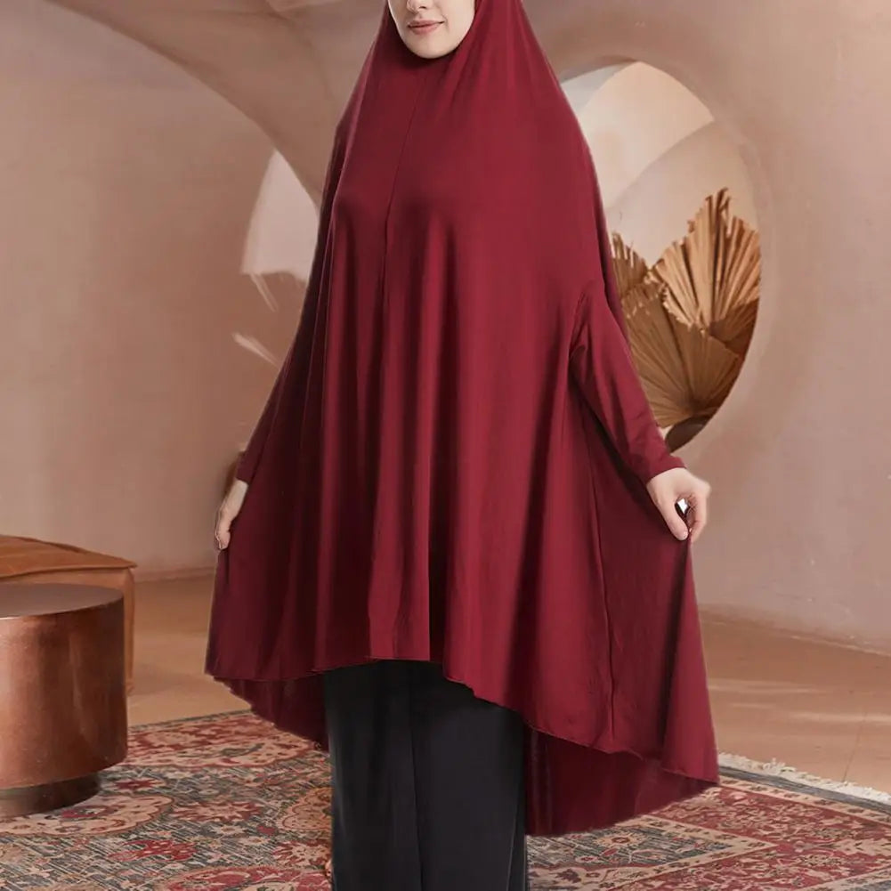 Muslim Dress Women Robe Hooded Pleated Hem Long Sleeve Midi Robe Turban Loose Fit Elastic Solid Color Robe Dress Prayer Garment