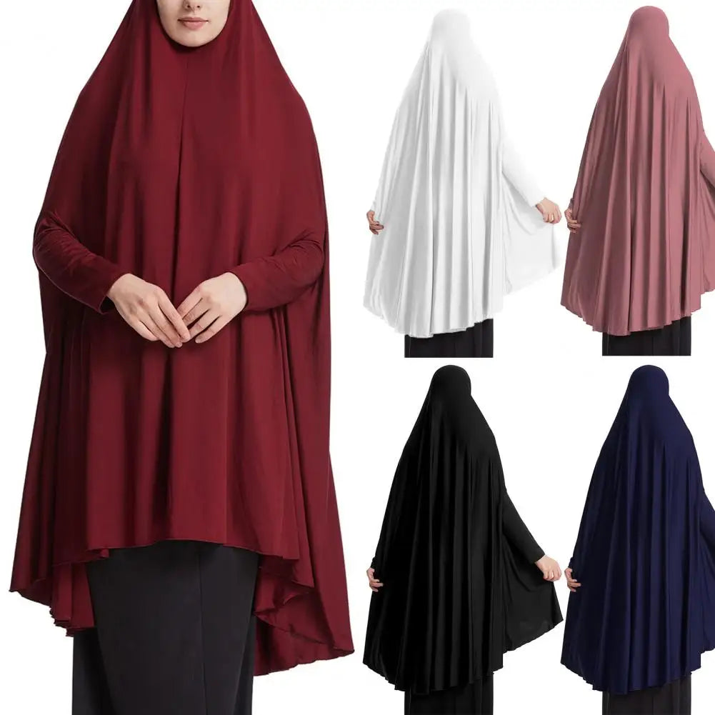 Muslim Dress Women Robe Hooded Pleated Hem Long Sleeve Midi Robe Turban Loose Fit Elastic Solid Color Robe Dress Prayer Garment