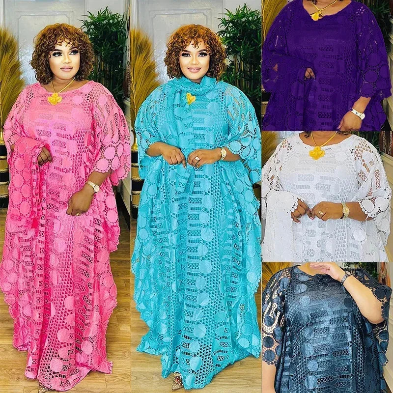 African Dresses for Women Traditional Elegant Dashiki  Fashion Lace Boubou Plus Size Wedding Party Gown Muslim Kaftan Maxi Dress