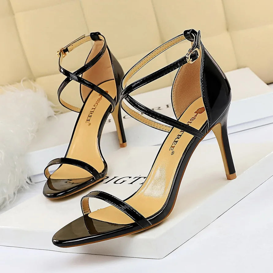 BIGTREE Shoes Pumps Open Toe High Heels Patent Leather Women Heels Stiletto 11 Cm 7.5cm Summer Heels Sandals Women Party Shoes