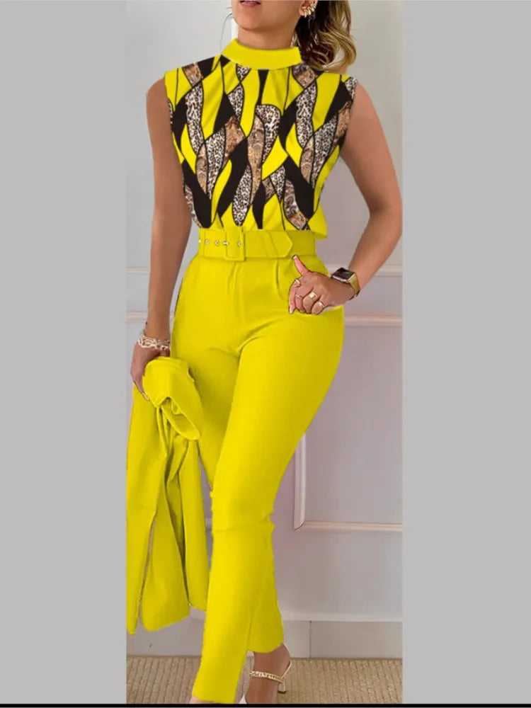 Office For Women Elegant Sleeveless Print Shirt And Pant Set Fashion Casual O-neck Slim Pants Two Piece Set Summer Outfits