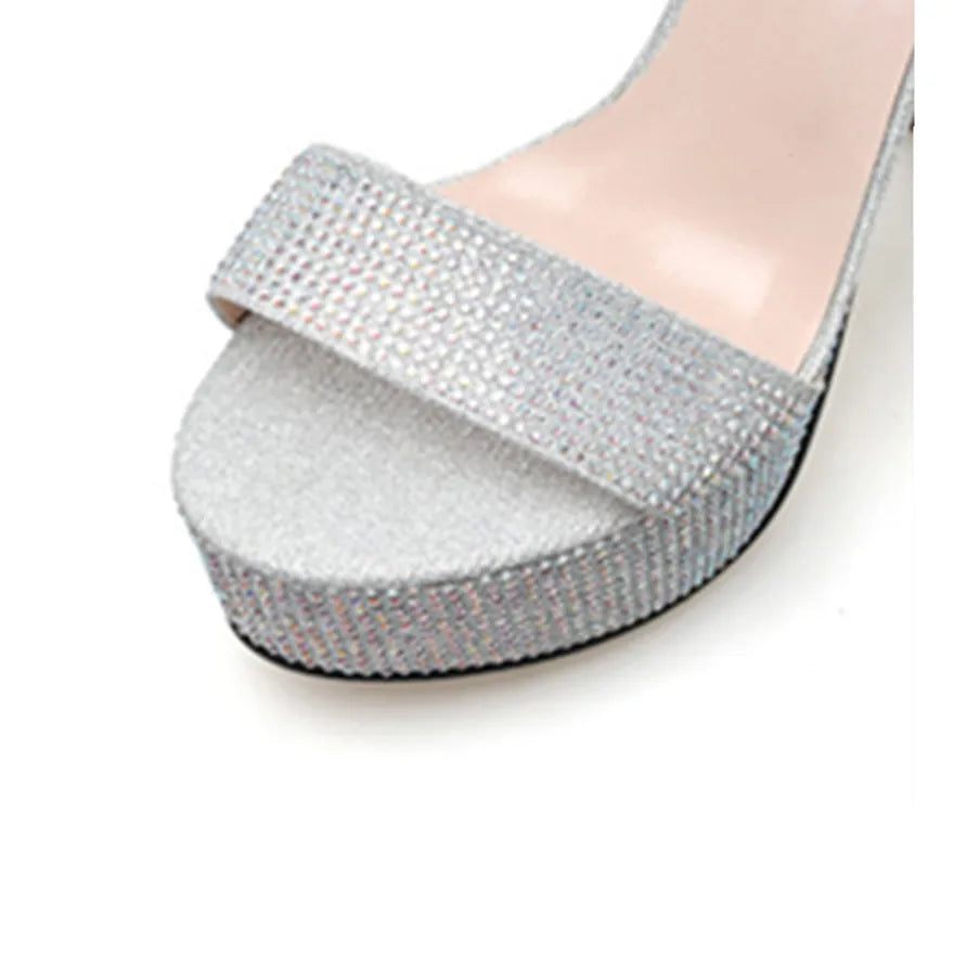 Sexy High Heels Platform Sandals For Women Silver Fashion Open Toe Crystal Buckle Thick Heel Wedding Party Female Designer Shoes