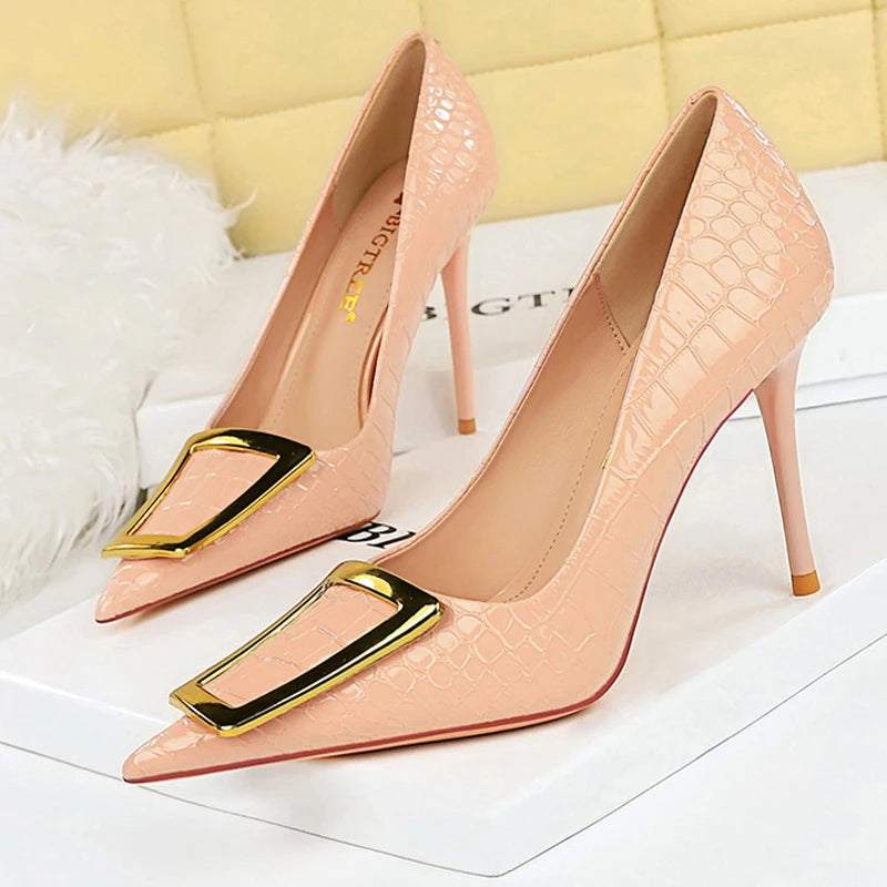BIGTREE Shoes Women 10 Cm Metal Buckle Ladies Pumps Luxury Women's Banquet Shoes Stilettos High Heels Women Sexy Party Shoes