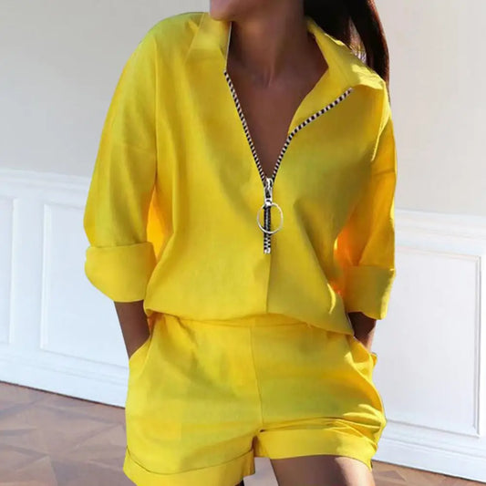 Fashion Soft Long Sleeves Two Piece Single Color Girls T-Shirt Top Pants Trousers Kit Adults Shirt Shorts Suit Womenswear