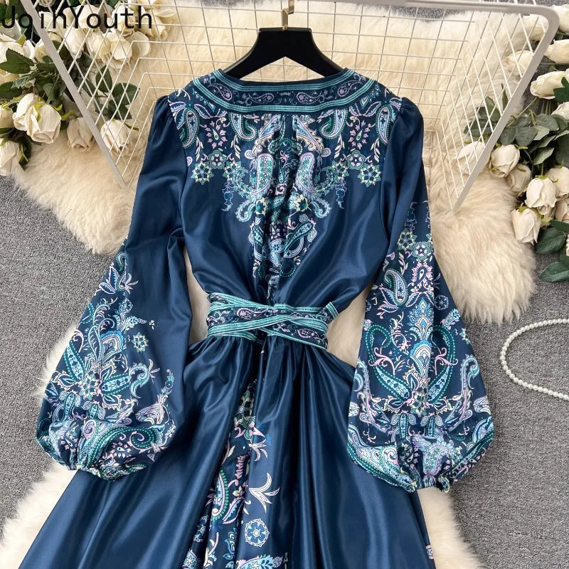 Vintage Women Party Dress Lantern Sleeve Bandage Slim Waist Print Long Robe Femme Vestidos De Mujer Big Swing Maxi Dresses