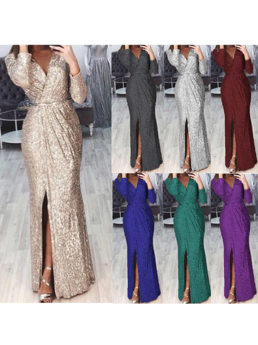 Autumn New Women's Solid Long Skirt Evening Gown Deep V-neck Sparkly Dress Skirt Dinner Sexy Dress Elegant Lady Party Dress