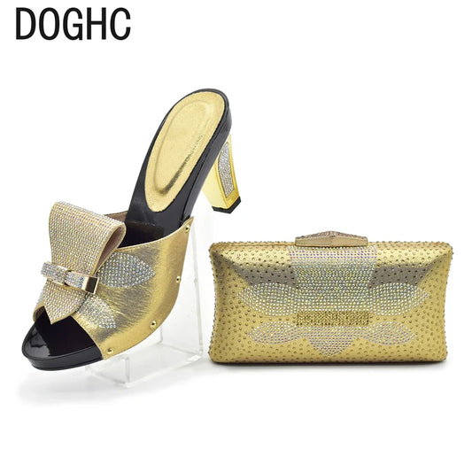 African Shoes and Bag Sets for Women Italian Shoes with Matching Bags for Party Luxury Ladies Shoes Heels Full Rhinestone Purse
