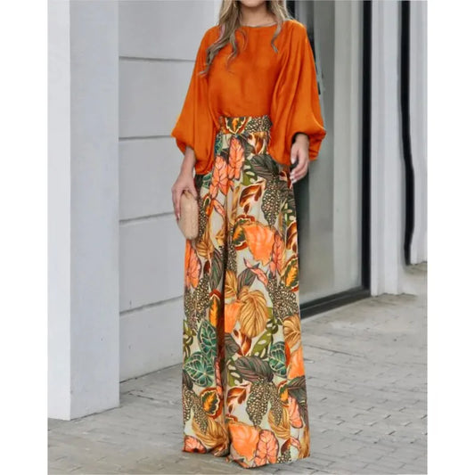 Summer New Women's Clothing Set Lantern Sleeves Loose Top Printed Wide Leg Pants Two Piece Set Casual Ladies Trouser Outfit