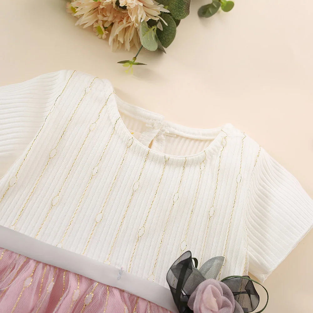 New Baby Girls Dress Short Sleeve Crew Neck Shaggy Flower Bow Netting Sweet Princess Dress Birthday Party Dress