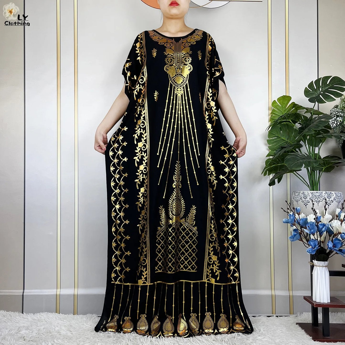 New Muslim Summer Short Sleeve Robe Gold Stamping Boubou Maxi Women Femme Loose Dress With Big Scarf African Abaya Clothes