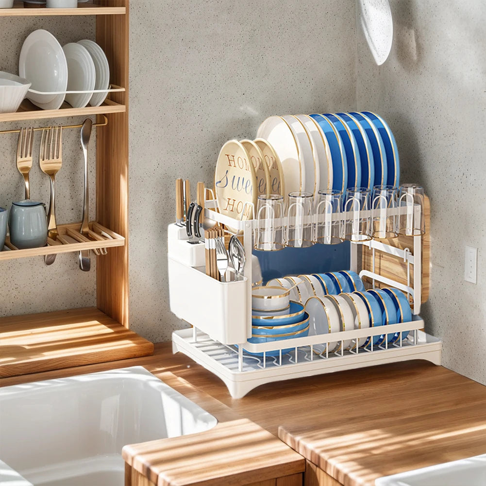 2 Tier Kitchen Dish Drying Rack with Drain Basket Bowl Chopsticks Knife Fork Cup Storage Rack Kitchen Plates Organizer