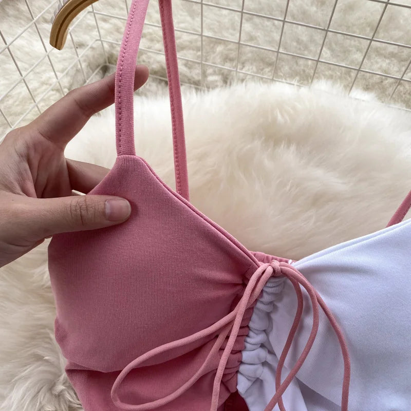 Foamlina Sexy Night Club Dress Women Summer Elegant Color Match Mini Bodycon Dress Strap Sleeveless Cut Out Ruched Party Dress