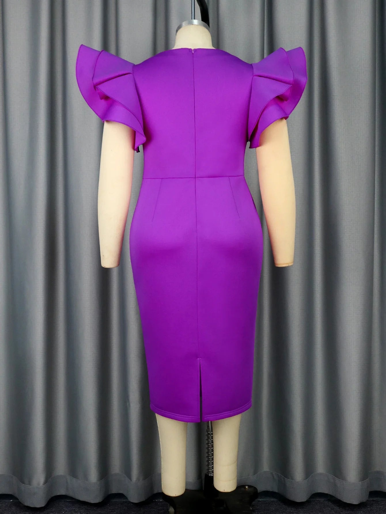 Plus Size Women Elegant Slim Dress Diamond V Neck Short Flying Sleeve Modest Purple Gown Formal Evening Party Birthday Outfits