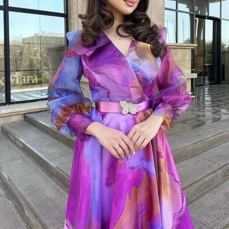 Spring Autumn Fashion Mesh Colorful Print Party Dress Women Elegant Long Sleeve Loose Hem Maxi Dress Commuting Lady Long Dresses