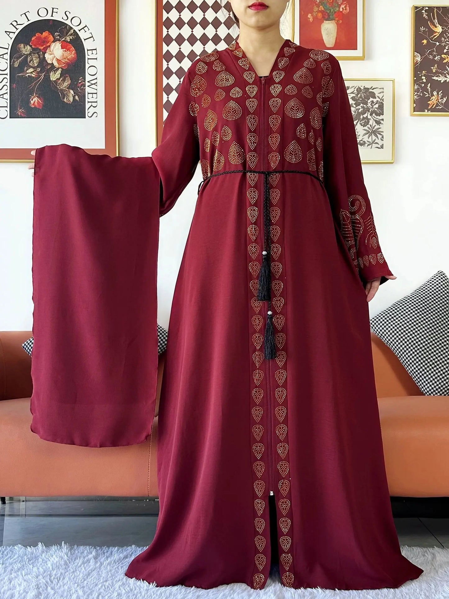 2024 Women Party Dress Chiffon Open Abaya Golden Stones Muslim Women Dress Islamic Clothing Cardigan Abaya Women Muslim Dress